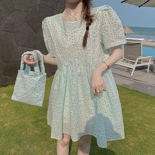 Set: Short-sleeve Leopard A-line Dress + Pouch