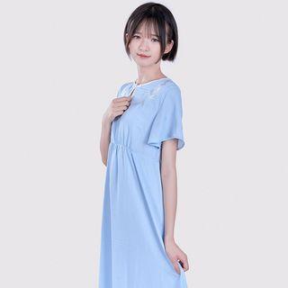Short Sleeve Embroidered Midi A-line Dress