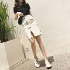 Set: Plain Short-sleeve Top + Sheath Slit A-line Skirt