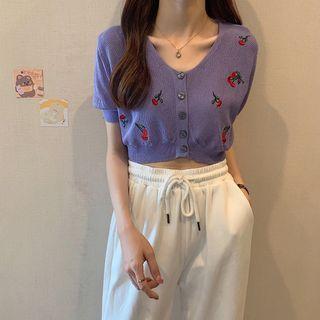 Cherry Embroidered Cropped Knit Top