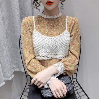 Set: Long-sleeve Floral Print Blouse + Spaghetti Strap Knit Top