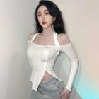 Off-shoulder Halter-neck Bow Accent Slit T-shirt