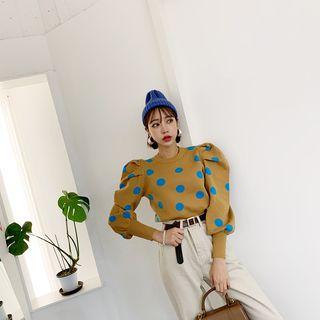 Puff-sleeve Dotted Knit Top