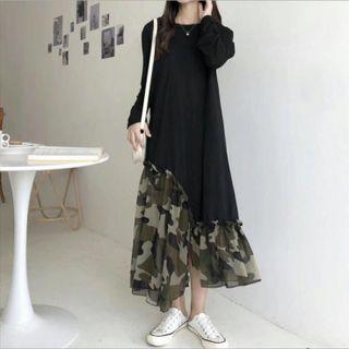 Long-sleeve Camo Print Panel Midi A-line Dress Black - One Size