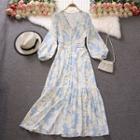 Long-sleeve Floral Midi A-line Dress Blue - One Size