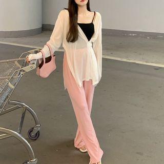 Plain Camisole / Long Sleeve Button-up Split Cardigan / High Waist Straight Leg Sweatpants