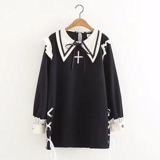 Lace Up Detail Collared Long Sleeve Dress