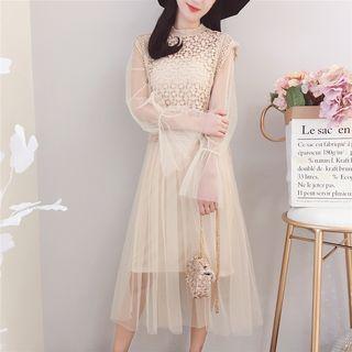 Set: Plain Slipdress + Lace Panel Long-sleeve Mesh Dress