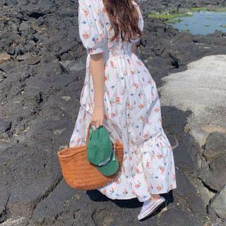 Short-sleeve Floral A-line Dress Floral - Tangerine & Blue - One Size