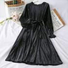 Ruffled-trim Velvet A-line Dress With Sash Black - One Size