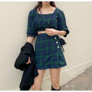Short-sleeve Plaid Cropped Top / Plaid Mini Skirt