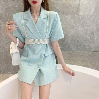 Short-sleeve Plain Blazer / Faux-pearl Sleeveless Top