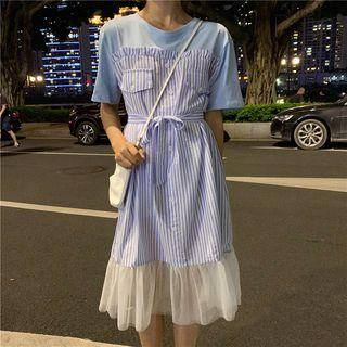 Mock Two-piece Short-sleeve Midi Striped Dress
