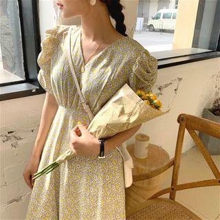 Puff Sleeve Floral Printed V-neck Midi Dress As Shown In Figure - One Size