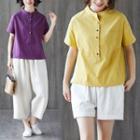 Plain Stand-collar Asymmetrical Short-sleeve Shirt