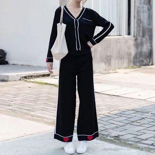 Set: Contrast Trim Cardigan + Contrast Trim Wide Leg Knit Pants Black - One Size
