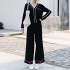 Set: Contrast Trim Cardigan + Contrast Trim Wide Leg Knit Pants Black - One Size