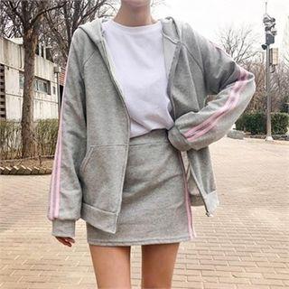 Set: Contrast-trim Hoodie + Mini Skirt
