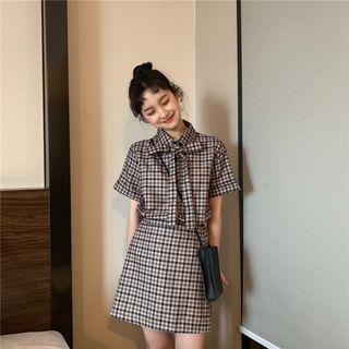 Set: Plaid Short-sleeve Bow Accent Shirt / Plaid A-line Mini Skirt