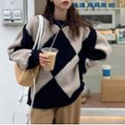 Diamond Pattern Sweater / Straight Leg Pants Sweater - Black & Khaki - One Size