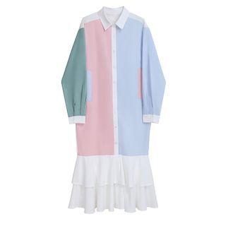 Long-sleeve Color Block Ruffle Hem Midi Shirtdress Pink & Blue & White - One Size