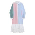 Long-sleeve Color Block Ruffle Hem Midi Shirtdress Pink & Blue & White - One Size