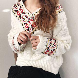 Pattern Panel Sweater 8241# - Black - One Size