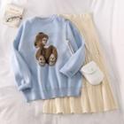 Bear Print Loose-fit Sweater / Knit Midi Skirt