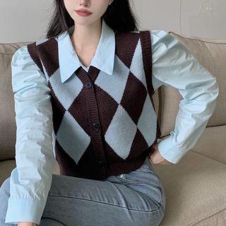 Puff-sleeve Shirt / Single-breasted Argyle Sweater Vest