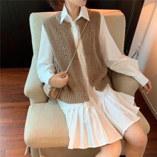 Pleated Long-sleeve Shirtdress / Knit Vest