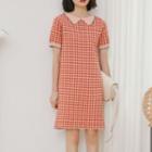 Short-sleeve Collared Plaid Knit Mini Dress