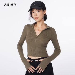 Plain Zip Knit Ribbed Cropped Top