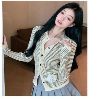 Long-sleeve Collared Striped Knit Top Beige - One Size