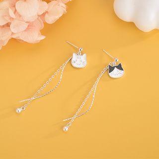 925 Sterling Silver Glaze Cat Faux Pearl Fringed Earring 1 Pair - Es1160 - Silver - One Size