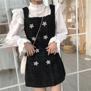 Stand Collar Blouse / Sleeveless Star Applique Mini Tweed Dress