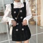Stand Collar Blouse / Sleeveless Star Applique Mini Tweed Dress