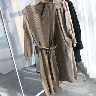 Long-sleeve Knit Maxi Dress Khaki - One Size