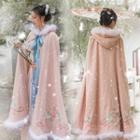 Flower Embroidered Furry Trim Hooded Cape Mauve Pink - One Size
