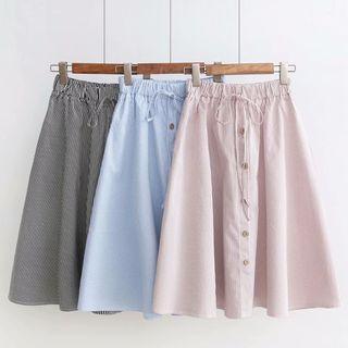 Drawstring Striped Buttoned A-line Skirt