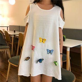 Applique Shoulder-cutout Short-sleeve A-line Dress