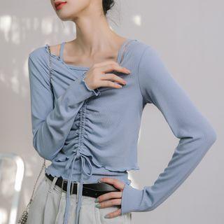 Set: Plain Camisole Top + Long-sleeve Drawstring T-shirt