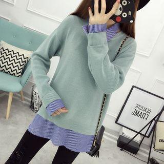 Striped Mock Two-piece Long-sleeve Knitted Top