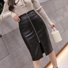 Faux Leather Zip-up Fitted Skirt