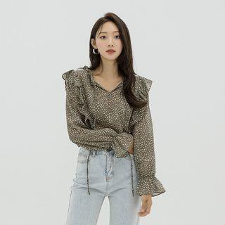 Tie-neck Frill-trim Dotted Chiffon Blouse