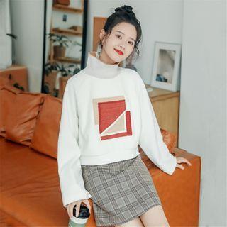 Mock-neck Color-block Long-sleeve Top White - One Size