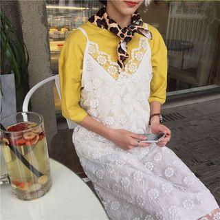 3/4-sleeve Plain T-shirt/ Strappy Lace A-line Dress