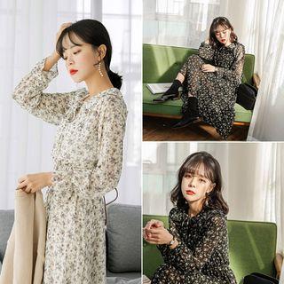 Frilled-collar Floral Maxi Chiffon Dress