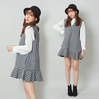 Plaid Ruffle Hem Mini Pinafore Dress Black - One Size