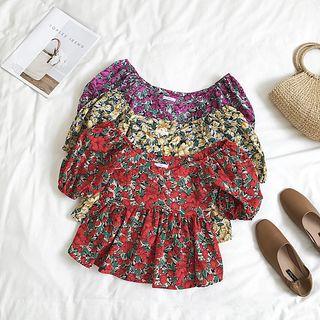 Puff-sleeve Floral Frill Trim Top