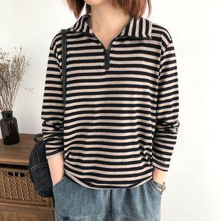 Long-sleeve Half-zip Striped T-shirt